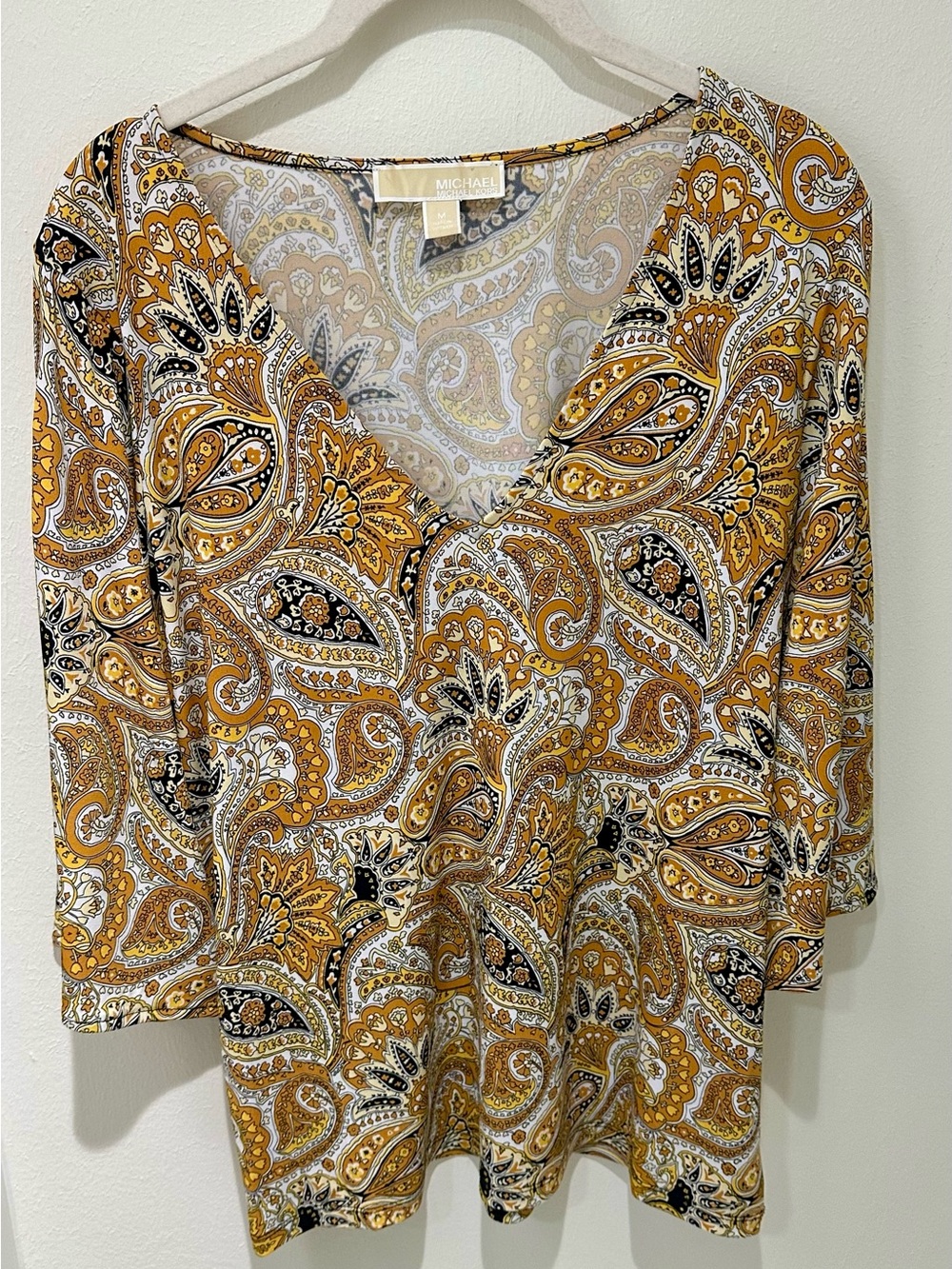 Michael Kors Paisley V-Neck Blouse in Mustard, Black, and Cream